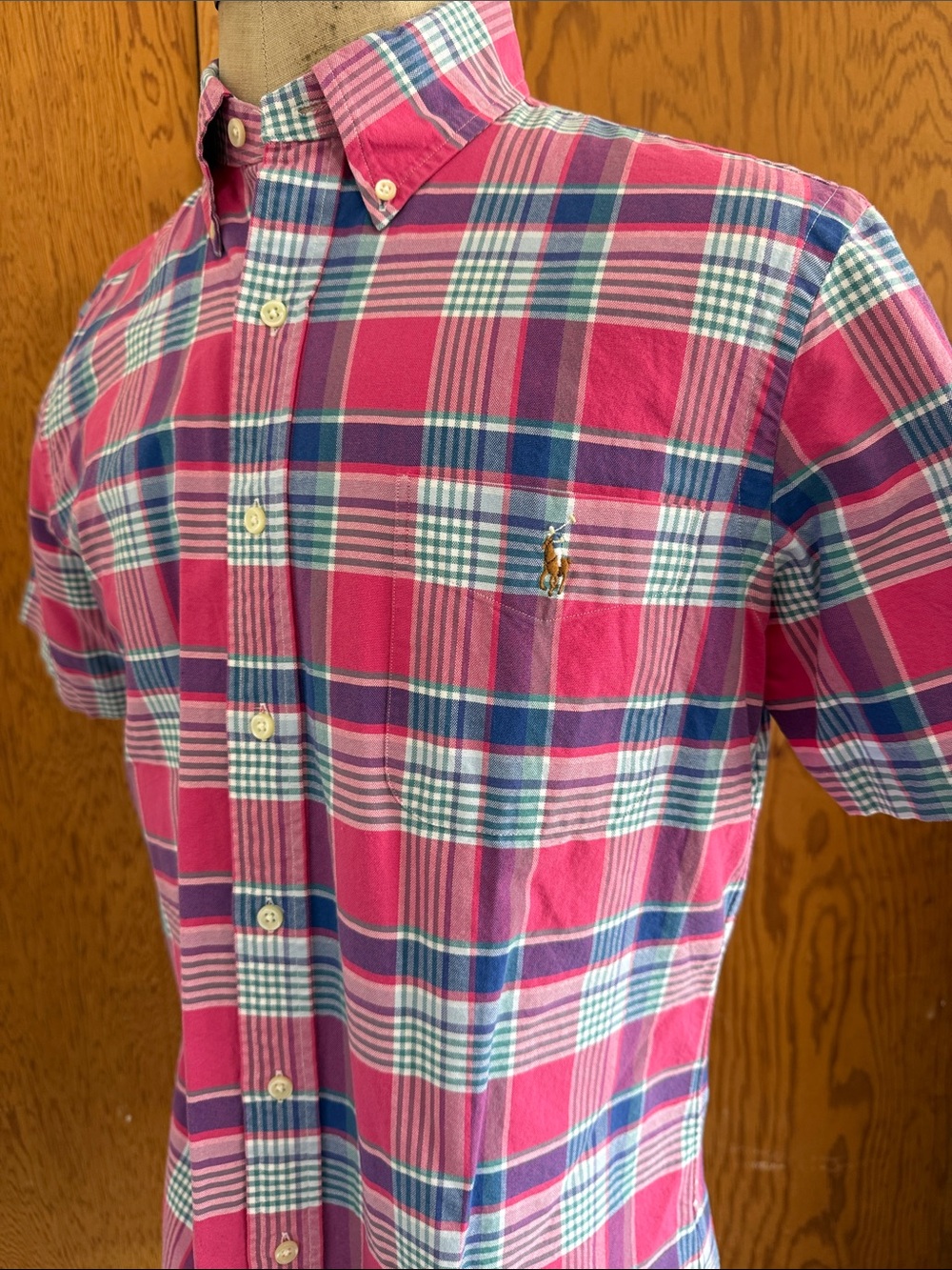 Polo by Ralph Lauren Men’s Slim-fit Large Pink Plaid Short-Sleeve Button-Down